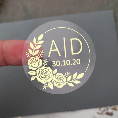 50 X Foiled Wedding Monogram Initials Stickers, Personalised Wedding Favour Labels, Custom Shiny Foil Gold Transparent - 120 