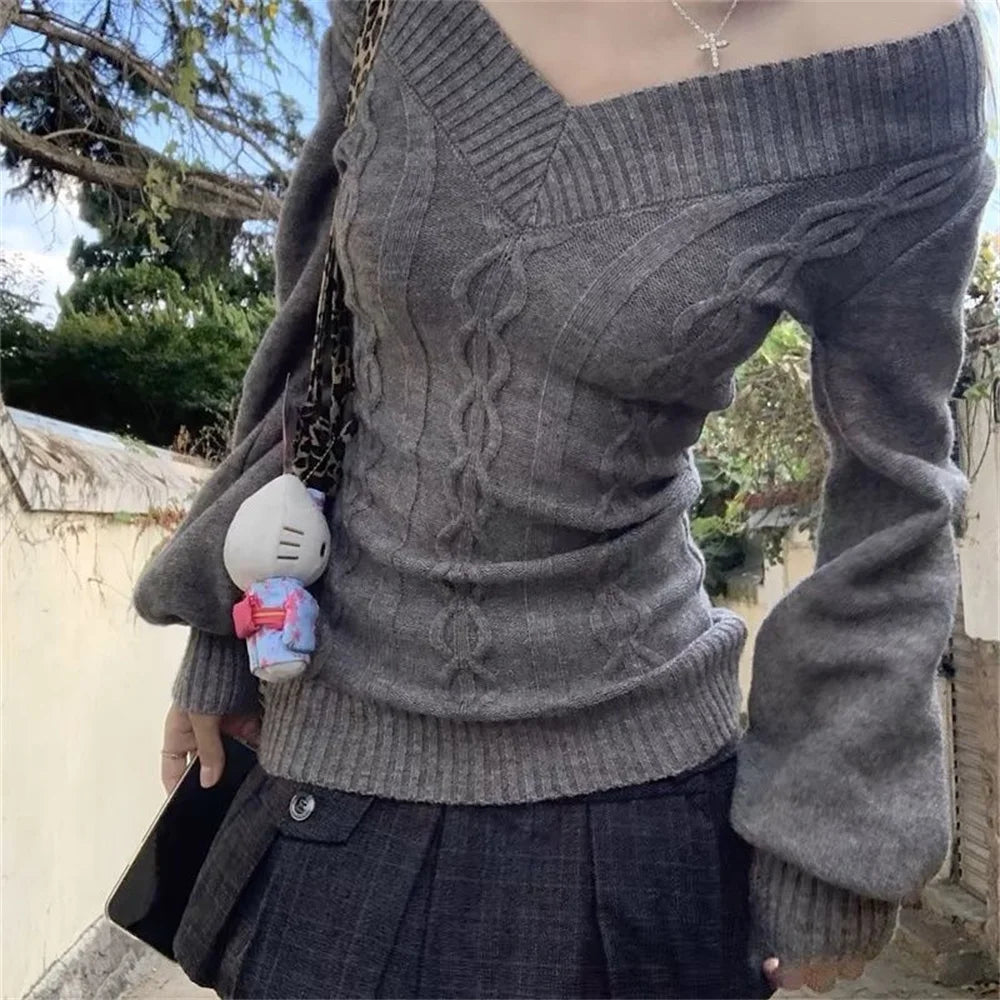 Fashion Vintage V-neck Knitted Tops Women 2025 Early Autumn New Sweaters Pullover Slim Long Sleeve Pullovers Sexy Gray Sweate