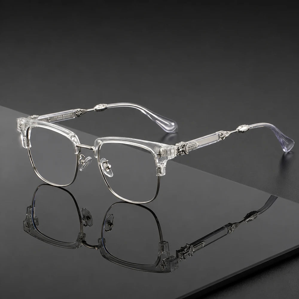 Vintage Cross Carving Glasses Men Women Luxury Half Frame Anti Blue Light Eyeglasses Retro Square Computer Eyewear - Clear