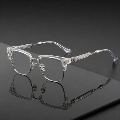 Vintage Cross Carving Glasses Men Women Luxury Half Frame Anti Blue Light Eyeglasses Retro Square Computer Eyewear - Clear