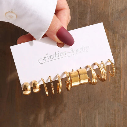 Gold Color Vintage Geometry Pearl Earrings Set Metal Twine Square Dangle Earrings Round for Women Simple Trendy Party Jewelry