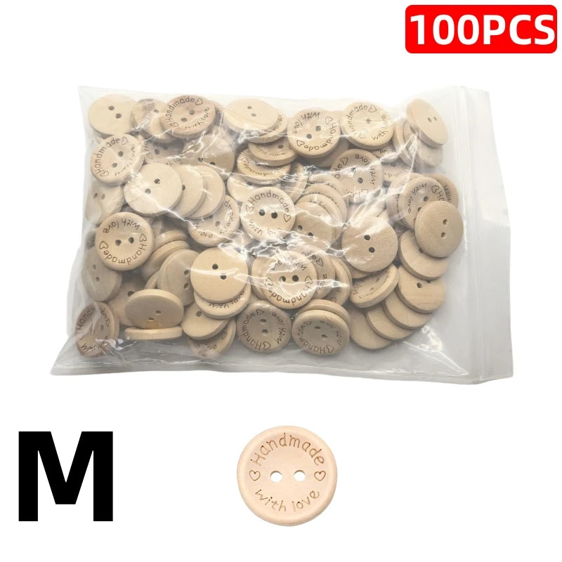 100/140 Pcs Assorted Sizes Wood Buttons Set, Natural Khaki Handmade with Love Tags for Sewing,Crafting, DIY Clothing Accessor