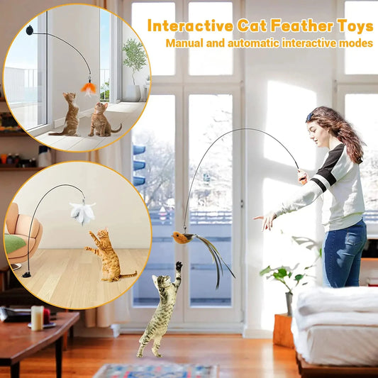 Cats Toys Feathers Wand Interactive Toy Kitten Toys with Super Suction Cup Detachable 2 PCS Feather Replacements Cat Accesori