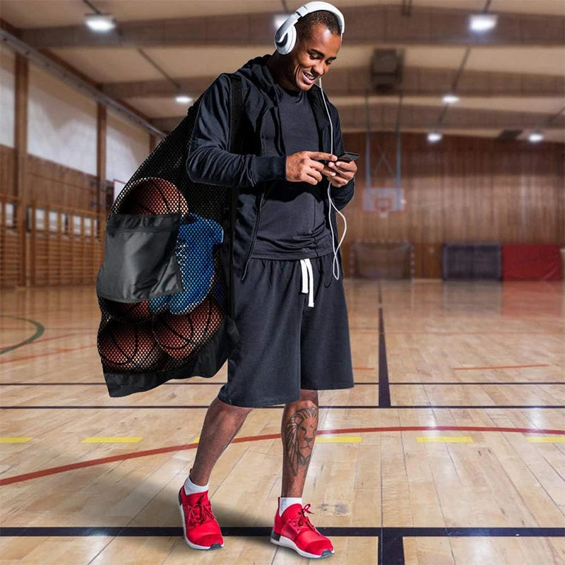 Soccer Ball Bag Large Mesh Drawstring Sports Storage Sack with Zipper Pocket for Basketball Volleyball Football Training Gear