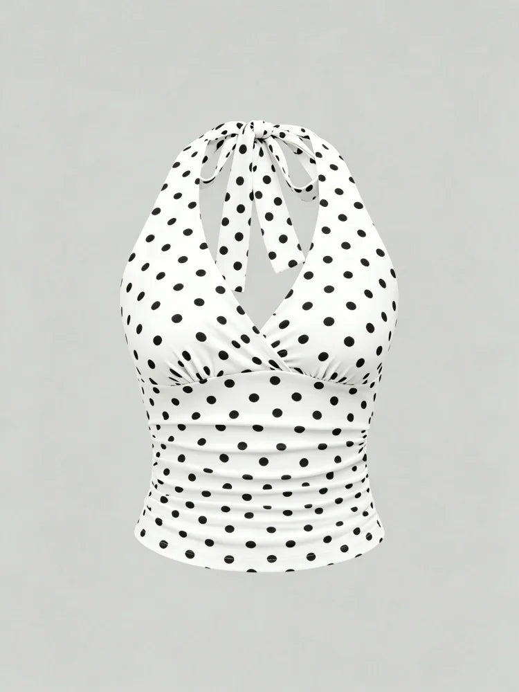 Solid V-neck Backless Halter Crop Top for Women Summer Sexy Y2K Sleeveless Ruched Top Streetwear - Polka dot white / L