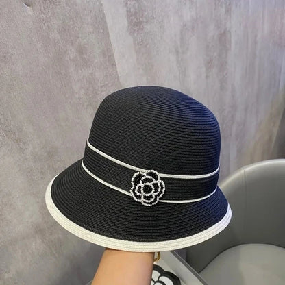 Boater Straw Hat wide brim French elegant square ribbon women's sun hat holiday straw hat 모자 햇빛 가리개 - 19