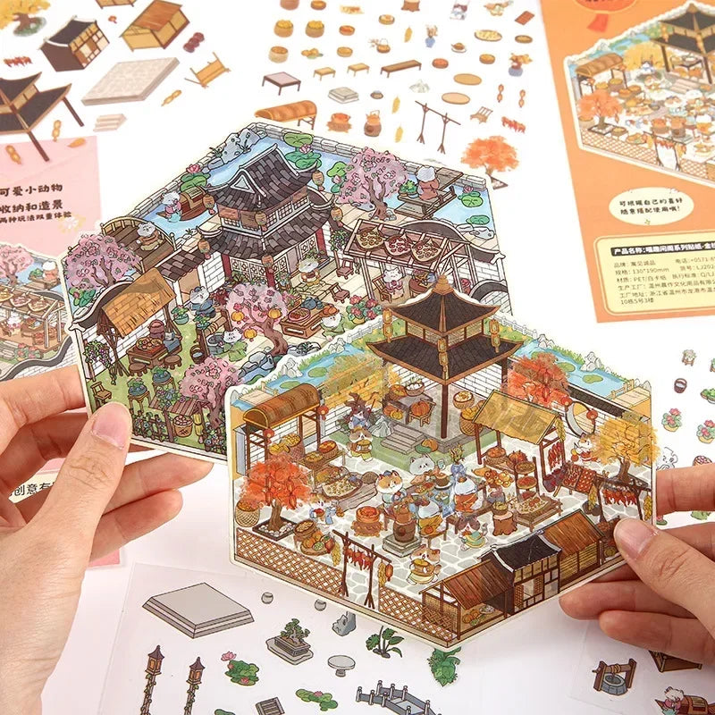 DIY Cartoon Cat Leisure Life in 4 Seasons Landscape Sticker 3D Pocket Cabin Scene Stacking Pasting Stickers Gift for Kid Chil