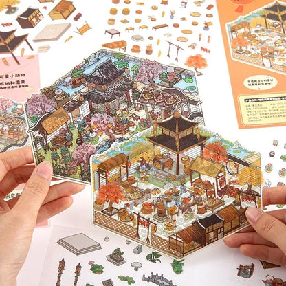 DIY Cartoon Cat Leisure Life in 4 Seasons Landscape Sticker 3D Pocket Cabin Scene Stacking Pasting Stickers Gift for Kid Chil