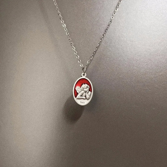 Vintage Temperament Sliver Color Double-sided Little Angel Fairy Relief Oval Pendant Necklace for Women Men Collar Chain Jewe
