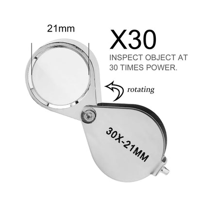 10-30X Pocket Loupe Magnifier Jewelry Magnifying Glass Foldable Diamond Lupa Triplet Jewelers Eye Glass Tool Reading Magnifie