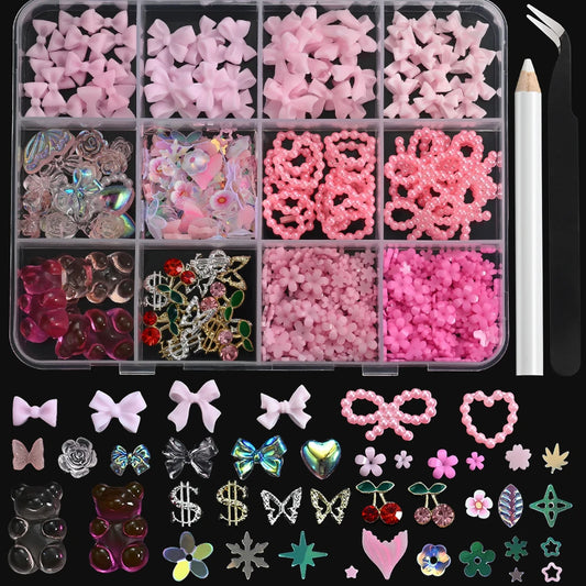 12Grids 3D Bow Nail Art Charms Kit Multicolor Bowknots Flowers Bear Charm Trendy Nail Supplies for Salon DIY Manicure Accesso