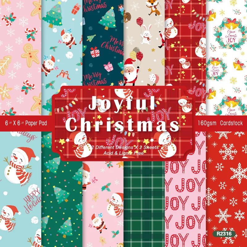 12 Sheet Scrapbooking Paper 15x15cm, Christmas Journal Planner Paper Pad Cardstock Backgrounds Card for DIY Art Craft Decorat