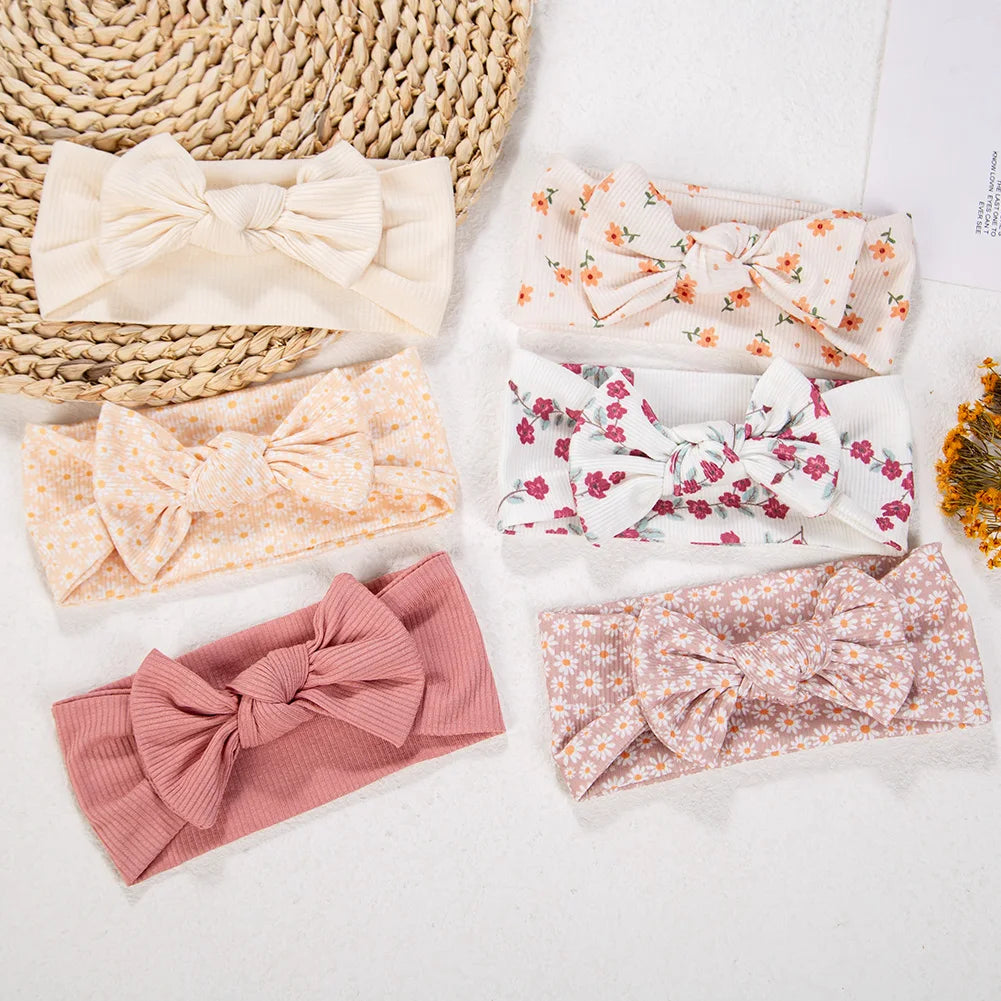 3Pcs/lot Ins Ribbed Baby Girls Headbands Floral Red Heart Dasiy Print Bows Elastic Hair Bands Toddler Vintage Hair Accessorie