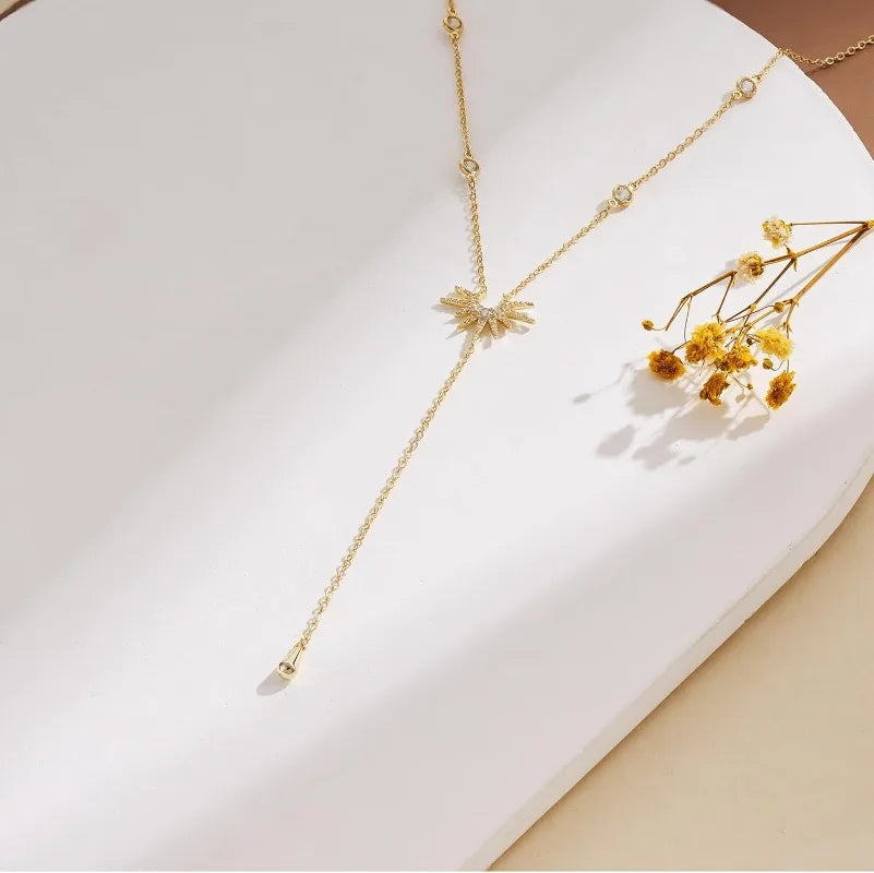 Lariat Gold Necklace for Women 14K Gold Plated Layered CZ Y-Shaped Pendant Drop Dangle Necklaces for Mom Teen Girls Jewelry G