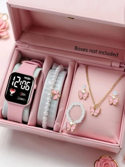 Love Pattern Electronic Watch And Butterfly Accessories Set Birthday Gift (No Box Included)