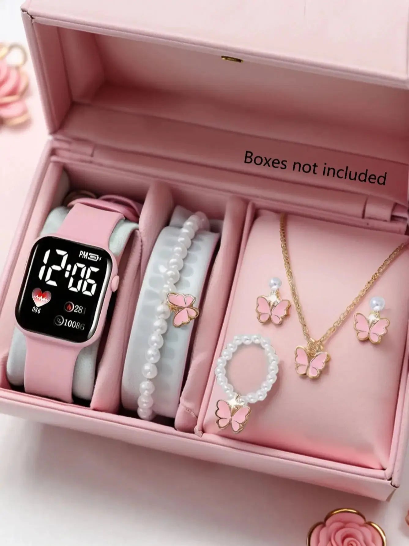 Love Pattern Electronic Watch And Butterfly Accessories Set Birthday Gift (No Box Included) - 6PCS HD watch set
