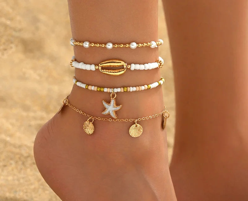 Beach Bead Anklet for Women Jewelry Retro Fashion Beads Stone Pendant Ankle Chain