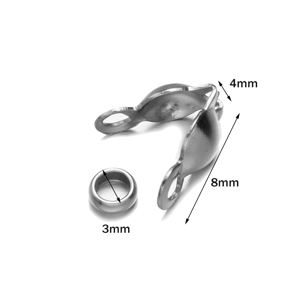 50pcs Stainless Steel Crimp Bead Tips Knot Covers Clamshell Fold-Over Bead Tips with 50pcs End Caps for Jewelry Making Craft 