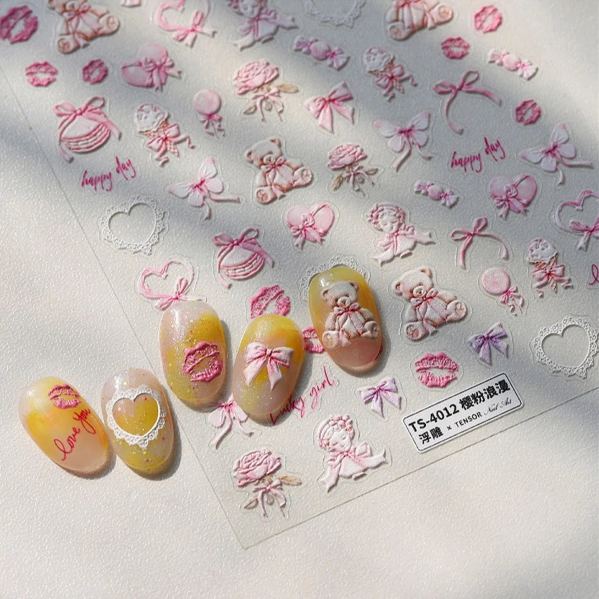 Sakura Pink Lip Print Rose Flower Butterfly Ice Cream Love Heart Bear Macaroon Balloon Candy Nail Art Stickers Manicure Decal