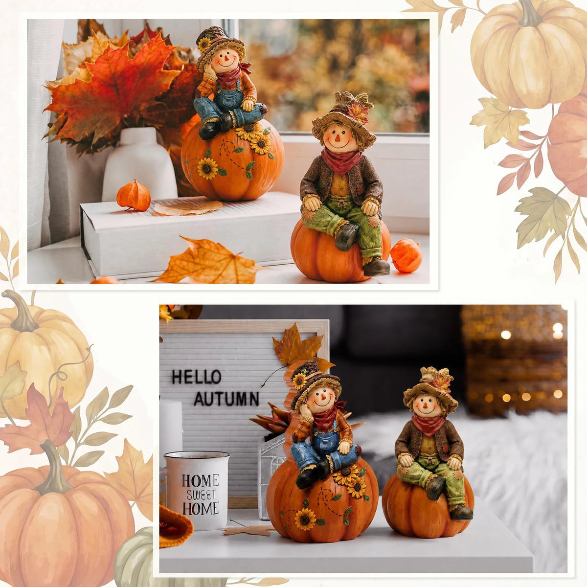 2-Piece/Set Autumn Scarecrow Wooden Ornaments, Wooden Thanksgiving Table Decorations, Vintage Autumn Standee Table Decoration