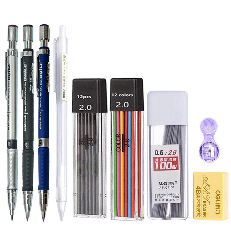 Mechanical Pencil Set 2.0 mm with 2B Black/Colors Lead Refill For Writing Sketching Art Drawing Painting School Automatic Pen