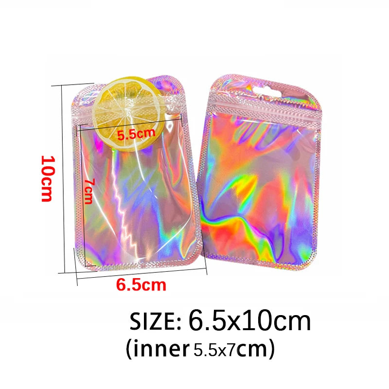 50pcs Iridescent Self Sealing Bags Pink Laser Plastic Pouches Resealable Zip Lock Packaging for Jewelry Display Retail Bags -