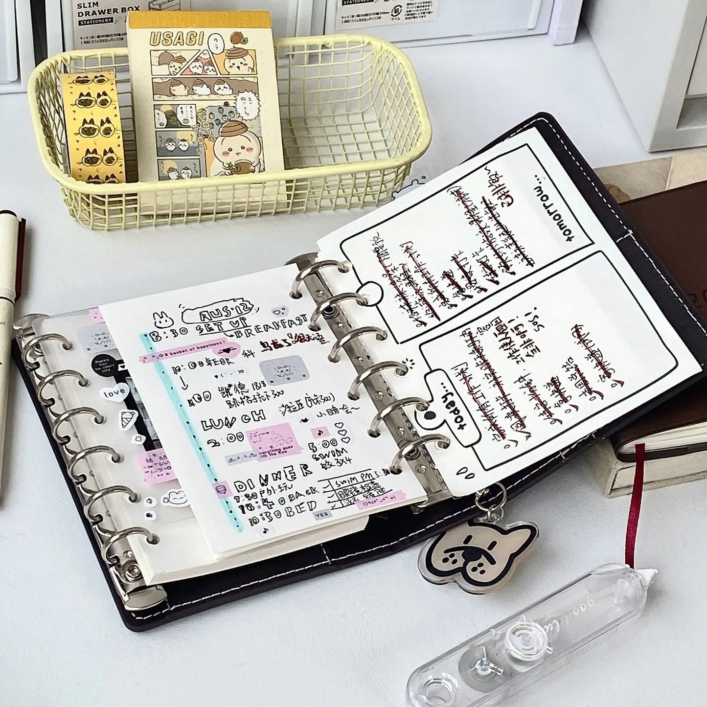 2 Binders A7 Notebook Detachable Loose-Leaf Dark Brown Notepad Portable Faux Leather Schedule Planner, With 80 Pages