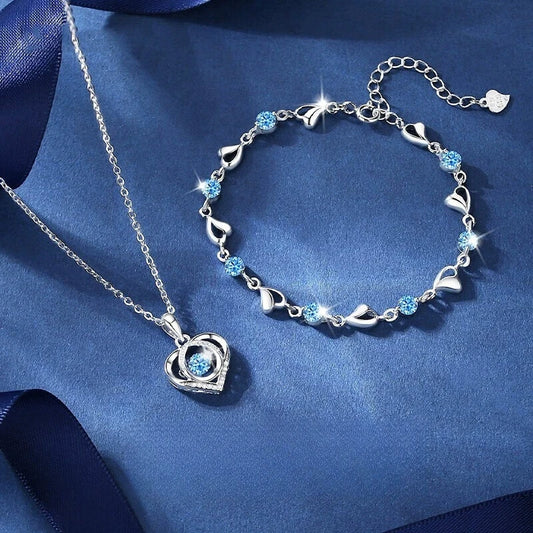 925 Sterling Silver Heart Shaped Necklace Bracelet Set for Women Vintage Korean Blue Crystal Bracelets Jewelry Set Party Jewe