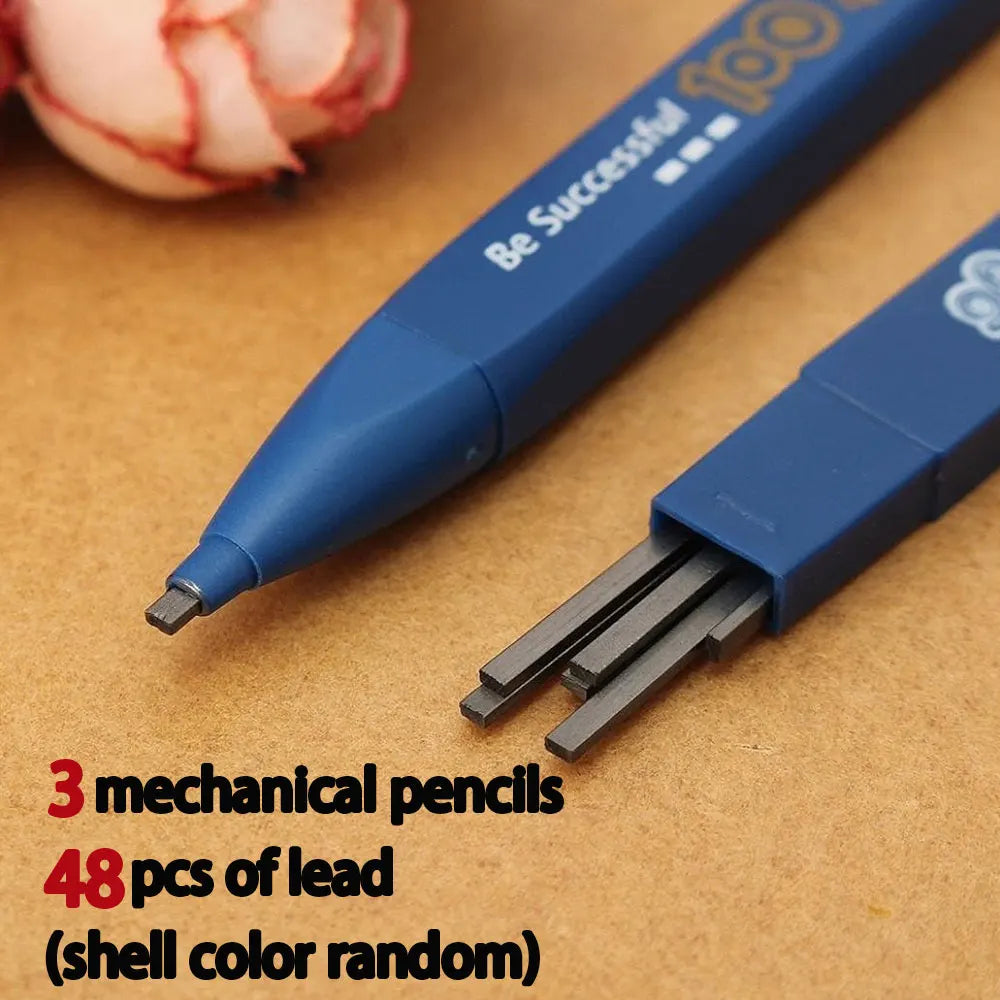 3 pencils and 48 leads 2B black mechanical pencils without sharpening leads are convenient and practical (mixed colors)