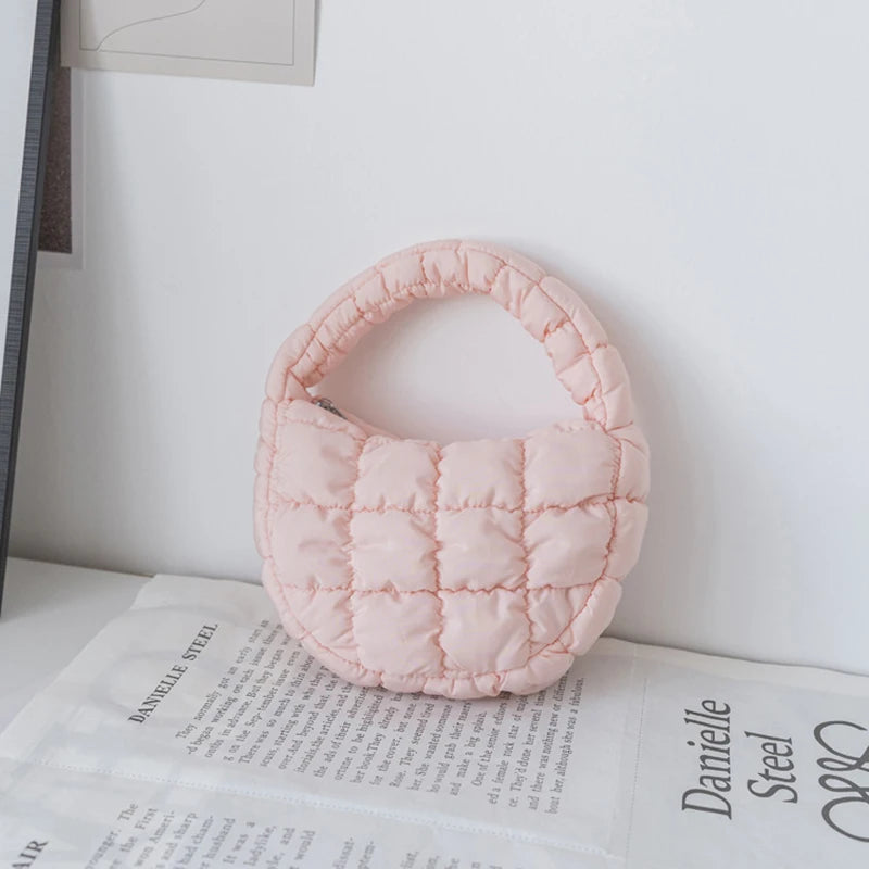 Fashion Mini Puffer Tote Bag Quilted Circle Phone Purse Elegant Purple Soft Nylon Padded Key Pouch Simple Trend Handbag - A13
