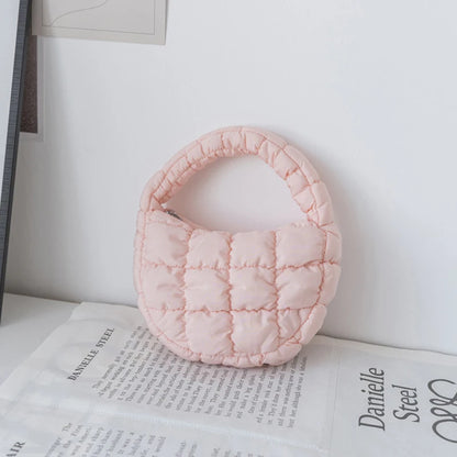 Fashion Mini Puffer Tote Bag Quilted Circle Phone Purse Elegant Purple Soft Nylon Padded Key Pouch Simple Trend Handbag - A13