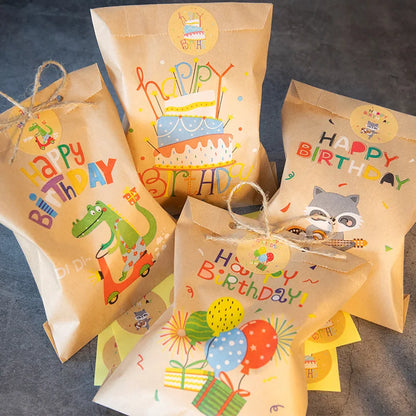 24Sets Thank You Kraft Paper Bags Cute Rainbow Dino Happy Birthday Gift Pouch Retro Flower Party Favor Bag Candy Cookie Suppl