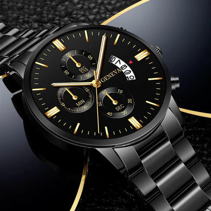 Luxury Stainless Steel Men Calendar Quartz Watch Fashion Mens Business Watches for Man Clock Reloj Hombre - Black