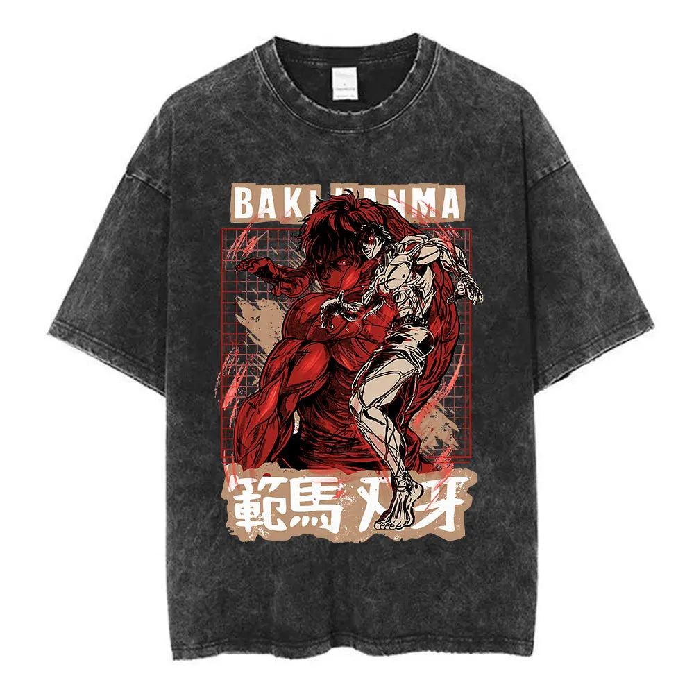 Vintage Washed T Shirt Anime Baki The Grappler T-shirt Hanma Yujiro Gym Short Sleeve T-shirts Oversized Cotton Casual Tee Shi
