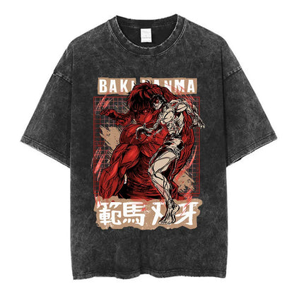 Vintage Washed T Shirt Anime Baki The Grappler T-shirt Hanma Yujiro Gym Short Sleeve T-shirts Oversized Cotton Casual Tee Shi