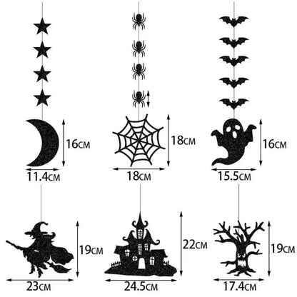 6pcs Halloween Hanging Banner Garland Scary Spider Witch Ghost Bat Pendant Ornament Happy Halloween Party Decorations for Hom