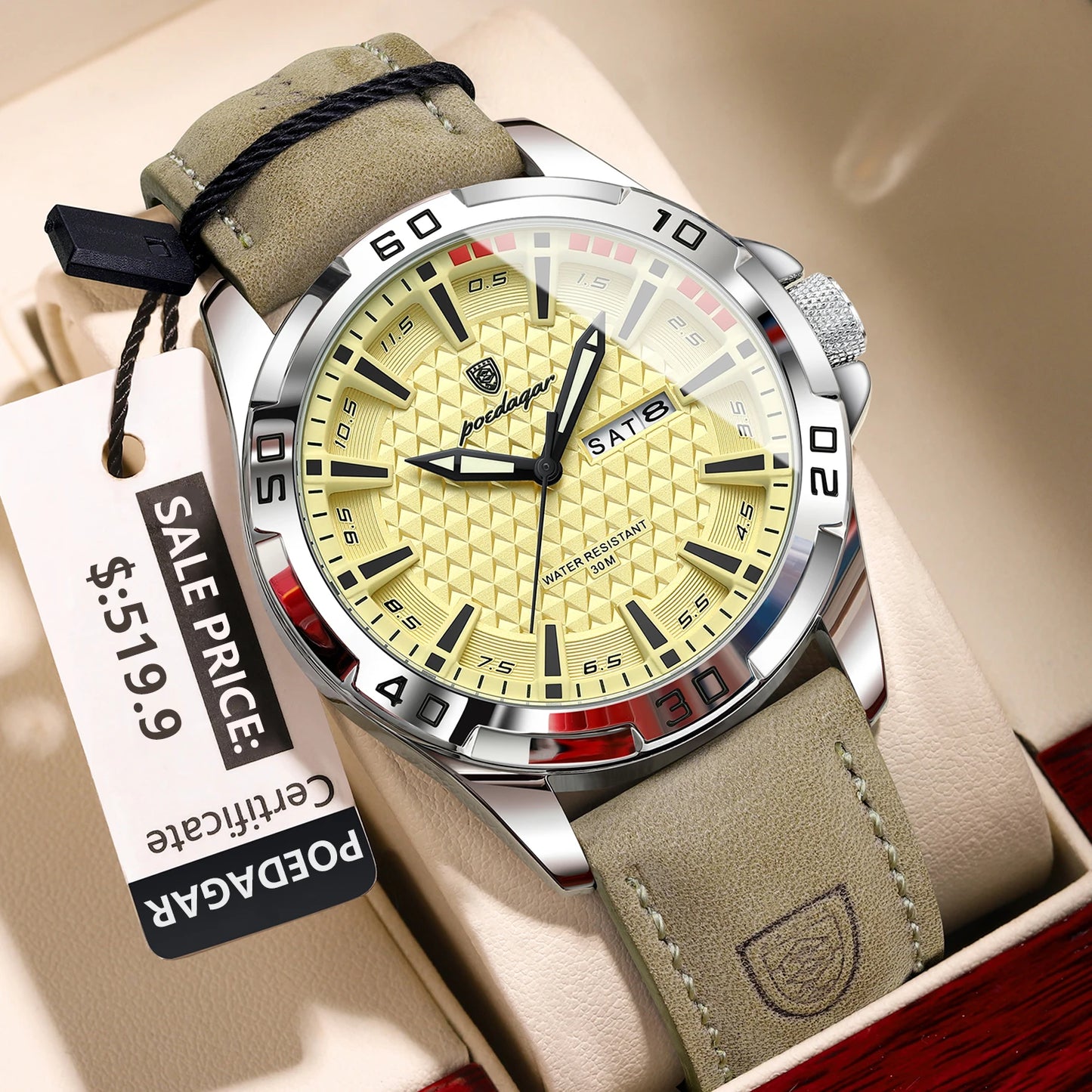 POEDAGAR Original Man Wristwatch Top Luxury Waterproof Luminous Date Week Watch For Men Quartz Sport Leather Men's Watches Re