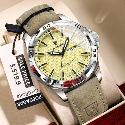 POEDAGAR Original Man Wristwatch Top Luxury Waterproof Luminous Date Week Watch For Men Quartz Sport Leather Men's Watches Re