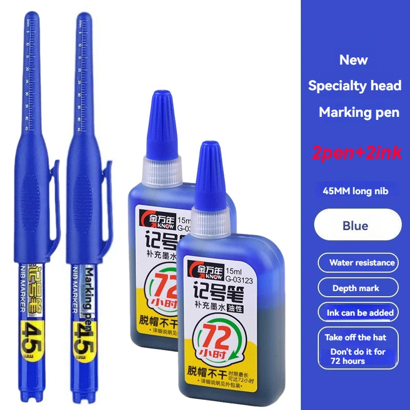 45mm Waterproof Deep Hole Marker Pens Long Nib Head Carpenter Pen White/Black/Blue Ink for Multi-Purpose Woodworking Hand Too