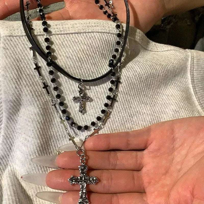 Punk Multi-Layer Cross Necklace Spicy Girl Y2K Vintage Beaded Long Cross Pendant Hip-pop Personalized Chain Long Necklace
