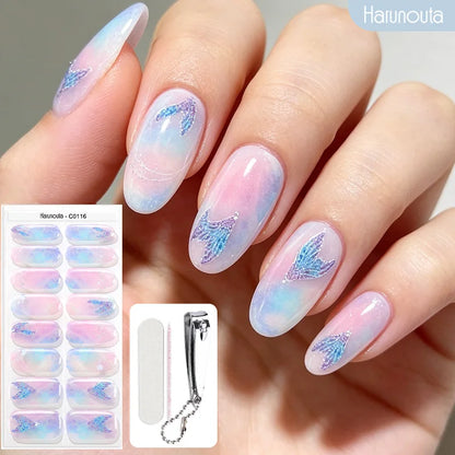Harunouta 16strips Semi Cured Gel Nail Strips with Nail Clipper Set Self-Adhesive Glitter for Nails Work with UV/LED - Set 16