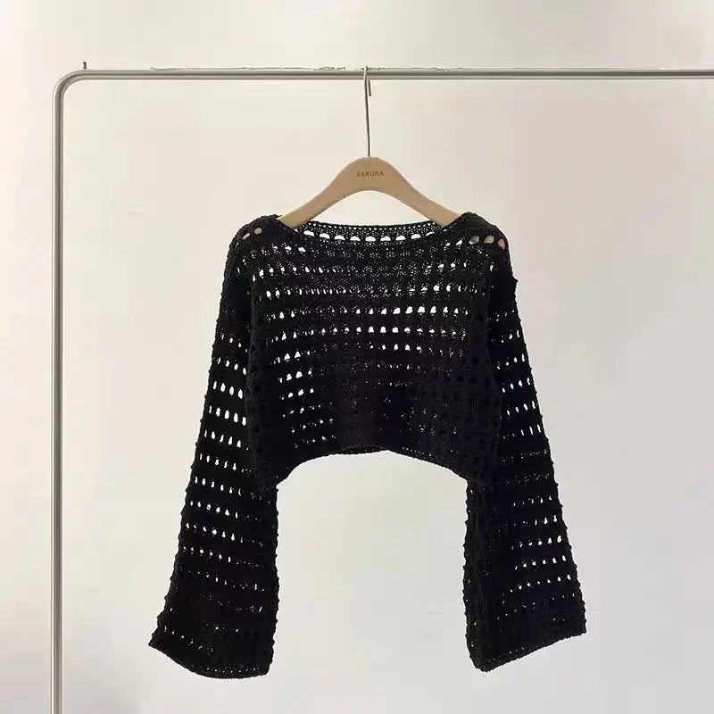 Long Sleeve Crochet Knit Top Summer Beach Bikini Cover Up Crop Pullover Wool Knitwear Blouse Women Vacation Boho Outfit - bla