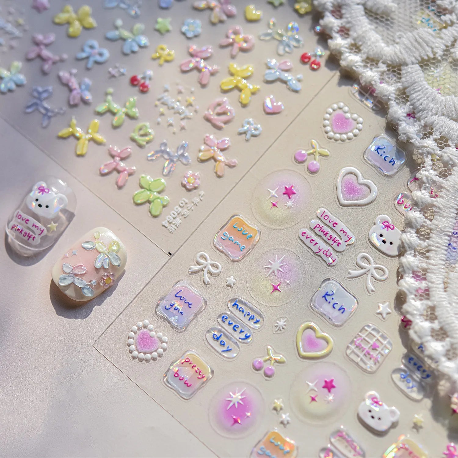 Balloon Puppy Jelly 5D Nail Art Stickers 3D Cute Love Bows Cherry Adhesive Nail Stickers Manicure Decals DIY Nail Accessories
