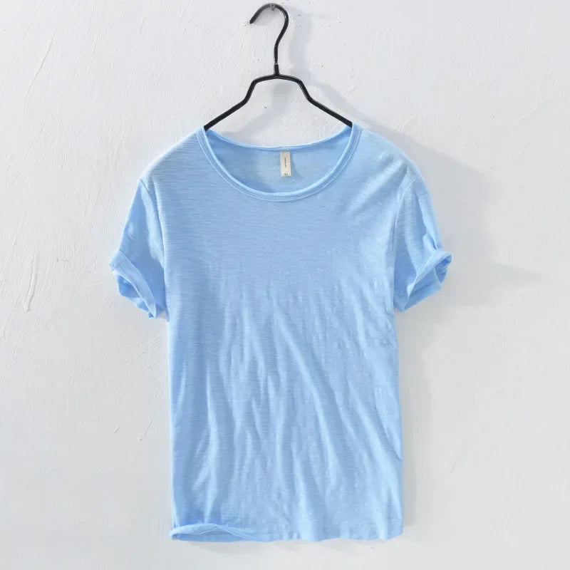 Retro Raw Edge T-Shirt for Men, 100% Cotton, Lightweight,Breathable,Slim-fit, Monochromatic, O-Neck, Casual Basic Top - Sky B