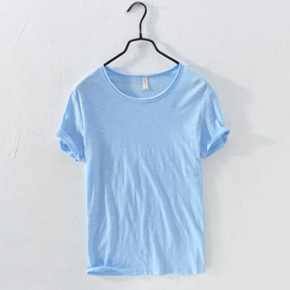 Retro Raw Edge T-Shirt for Men, 100% Cotton, Lightweight,Breathable,Slim-fit, Monochromatic, O-Neck, Casual Basic Top - Sky B