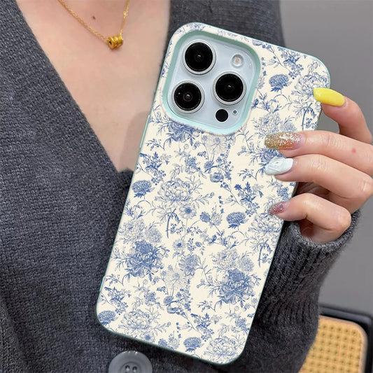 Vintage Floral Phone Case for iPhone 17 16 15 14 Plus 13 12 11 Pro Max Retro Blue Flower Pattern Shockproof TPU Protective Co