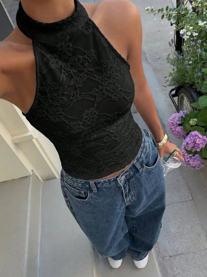 Women's Sexy White Lace High Neck Halter Back Button Backless Slim Fit Crop Top Casual Daily Vacation Summer 2026