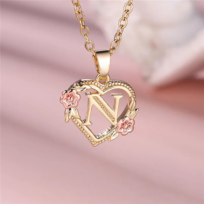 Female A-Z Letter Flower Pendant Necklace Yellow Gold Color Wedding Jewelry Gift For Women - N