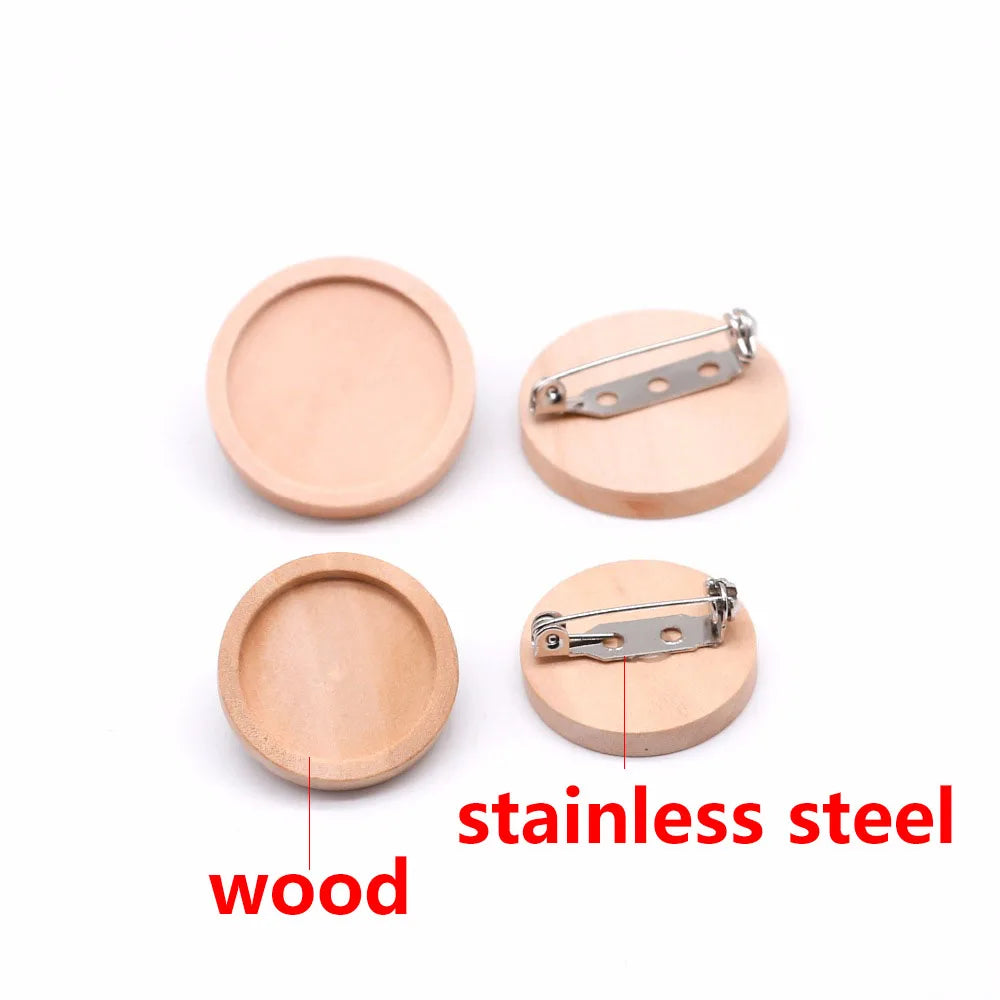 10pcs/lot Blank Wood Cabochon Brooch Base Settings 20 25 30 40mm Dia Round Bezel Tray Diy Brooches Pin Backs for Jewelry Maki