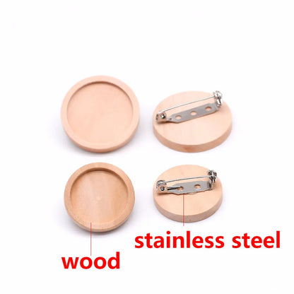 10pcs/lot Blank Wood Cabochon Brooch Base Settings 20 25 30 40mm Dia Round Bezel Tray Diy Brooches Pin Backs for Jewelry Maki